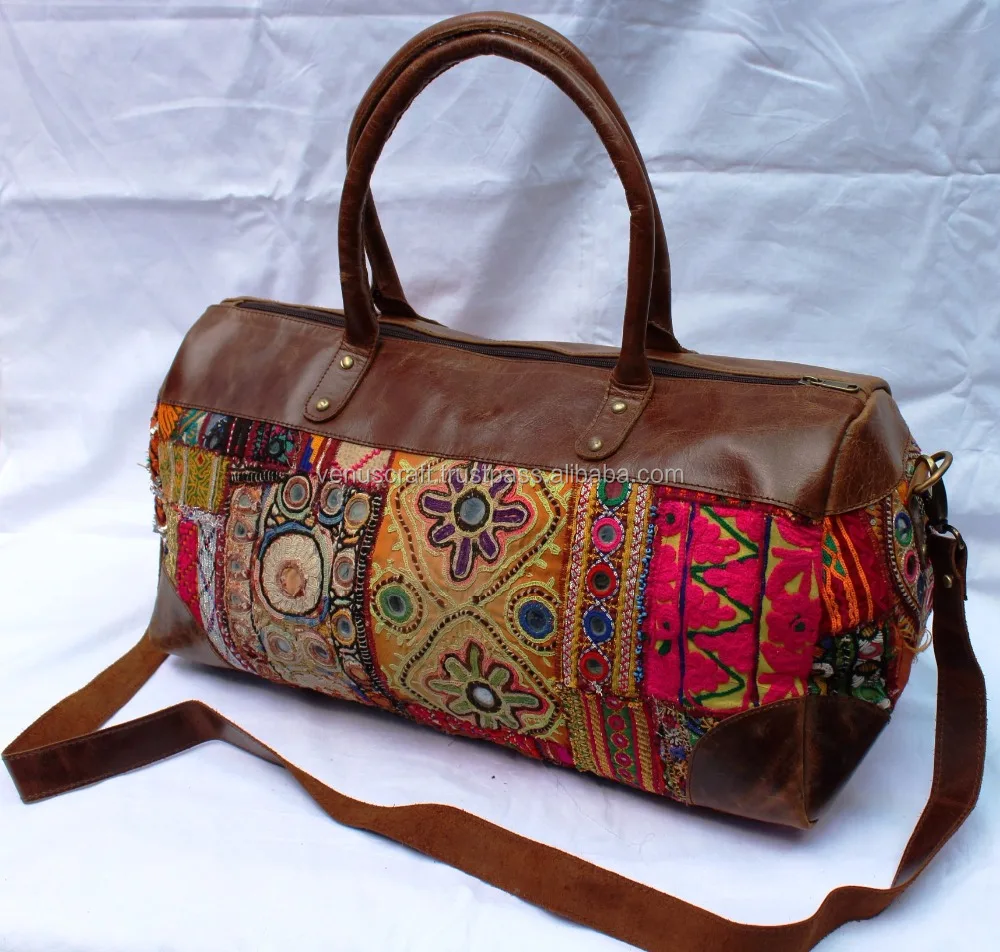 Banjara Bags Vintage Gypsy Tote Leather Handle Indian Hand embroidered Vintage travel bag