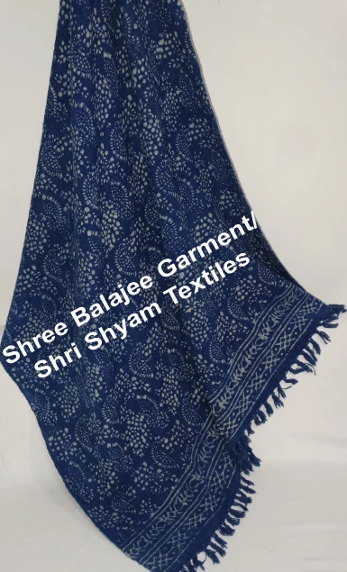 Fair Trade Indian Recycled Cotton Woven Indigo Blue Block Print  Sofa Settee Bedspread Fringe Blanket Throw 130x170cm