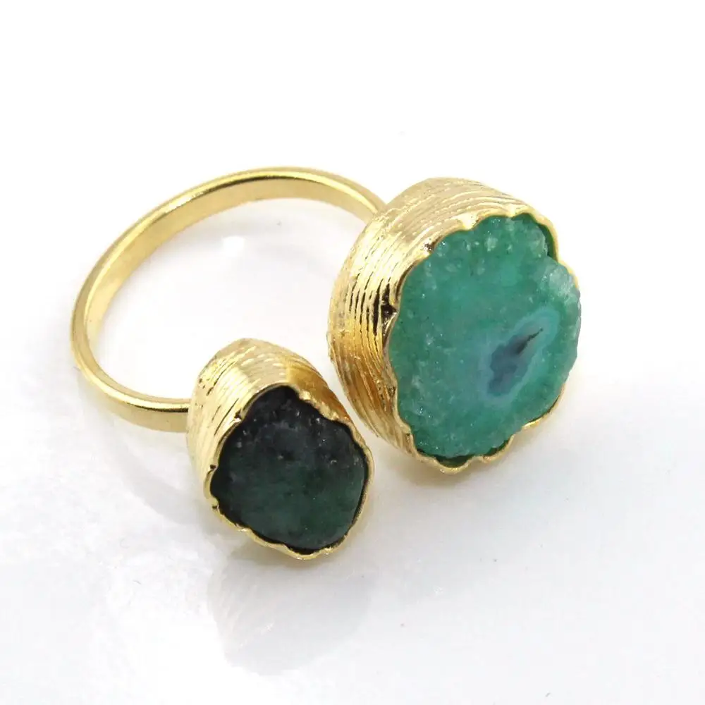 Natural raw emerald & solar quartz gemstone ring brass 24K gold plated ring handmade adjustable boho ring