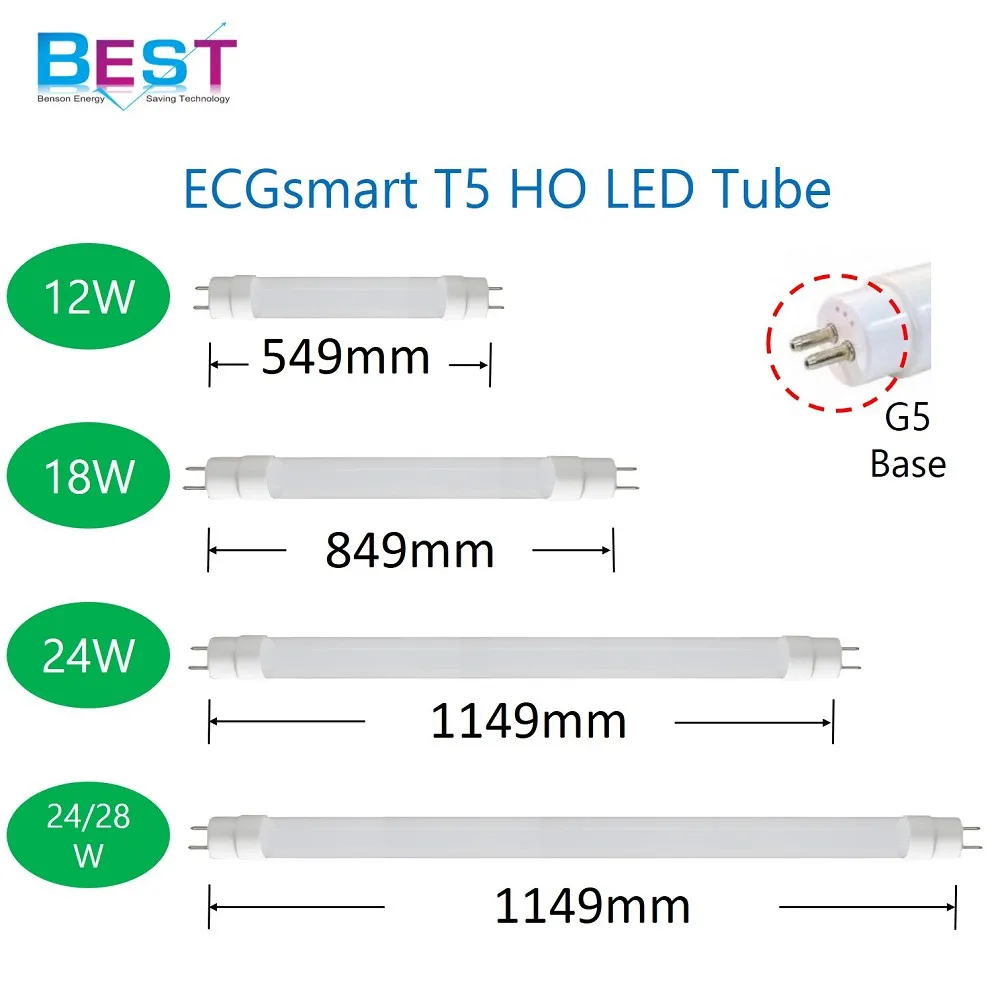 ECGsmart T5 HO LED ;direct replace  Miniature Bi-Pin G5 2ft F24T5, 3ft  F39T5, 4ft  F54T5, 5ft F49T5, 5ft F80T5 linear HO FL