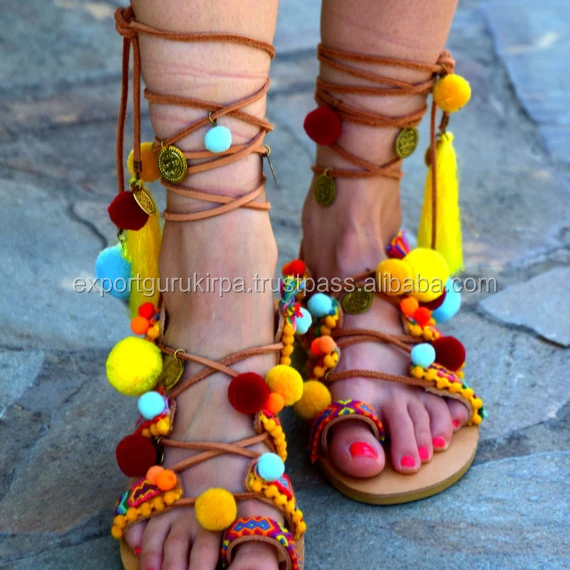 Boho Bohemian Banjara Ladies Pom Pom flat Sandals shoes 2018