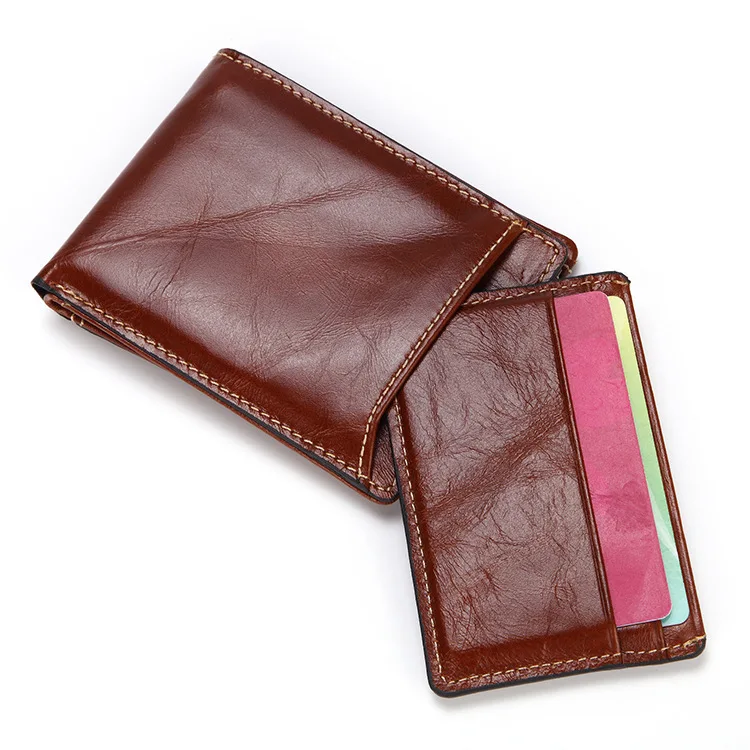 Short Type Men Business Vintage Crazy Horse Genuine Cow Leather RFID Blocking Credit Cards Holder Money Clip