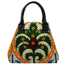 Large size cotton canvas suzani embroidered bohemian weekend  Indian bucket leather handle  beach bag.