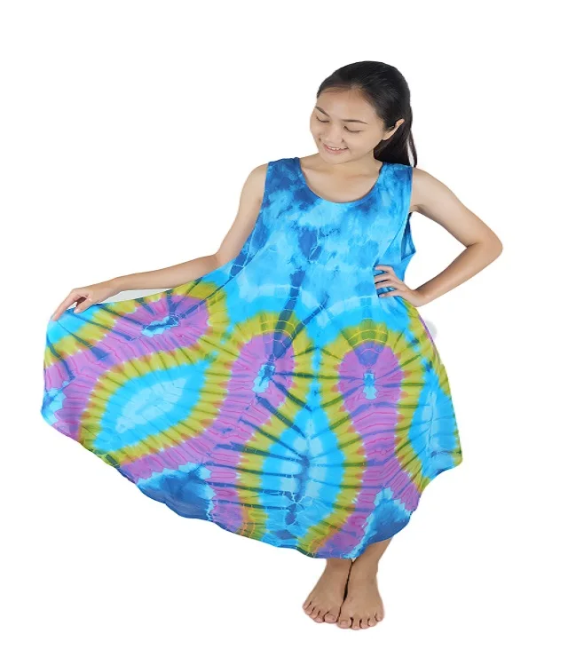 Iyara Rayon Tie Dye Cover up Casual Short Beach Sleeveless Dress