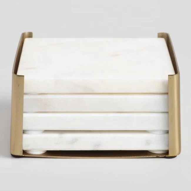 Square White Marble Coaster Set of 4 Gold Metal Stripped Design Sleek Style for Weddings Bulk Packed Slate Material
