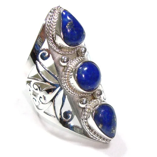 Ring Pure sterling silver 925 natural blue lapis lazuli gemstone handmade three stone high fashion bohemian ring