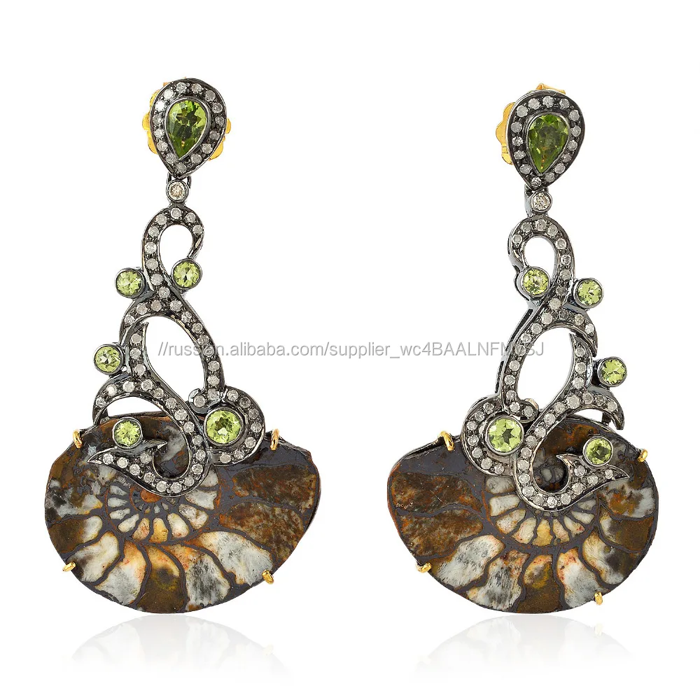 18-каратного Золота Природный Pave Дизайнер Аммонита Перидот Женщины Мотаться Серьги Ювелирные Изделия