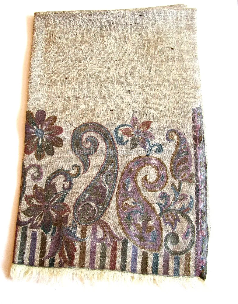 Handicraft Soft Lambswool Beige Shawl Stole Scarf for Her Exquisite Handwoven Indian Hand Embroidered Outdoor, Party 26'X 80'
