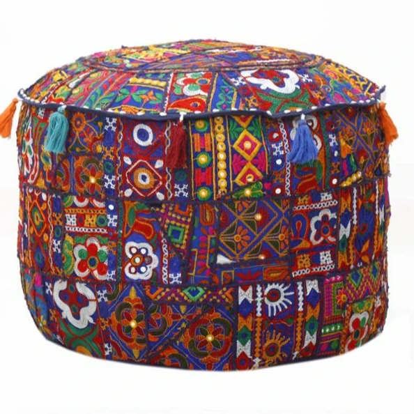 Traditional vintage patchwork pouffe cover handmade round embroidered home decor seating ottoman pouffe cover