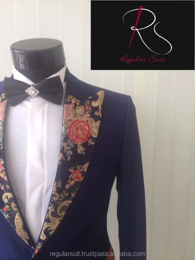 2018 Uniq Patterned Lapel Coat Pant Navy Men Suit