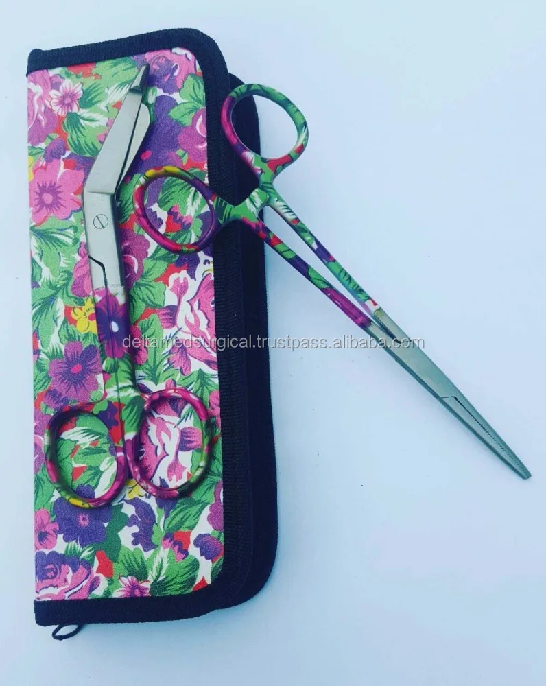NEW Hemostats Forceps Bandage Scissors Hawaiian Flower Print Tip Clamps Set