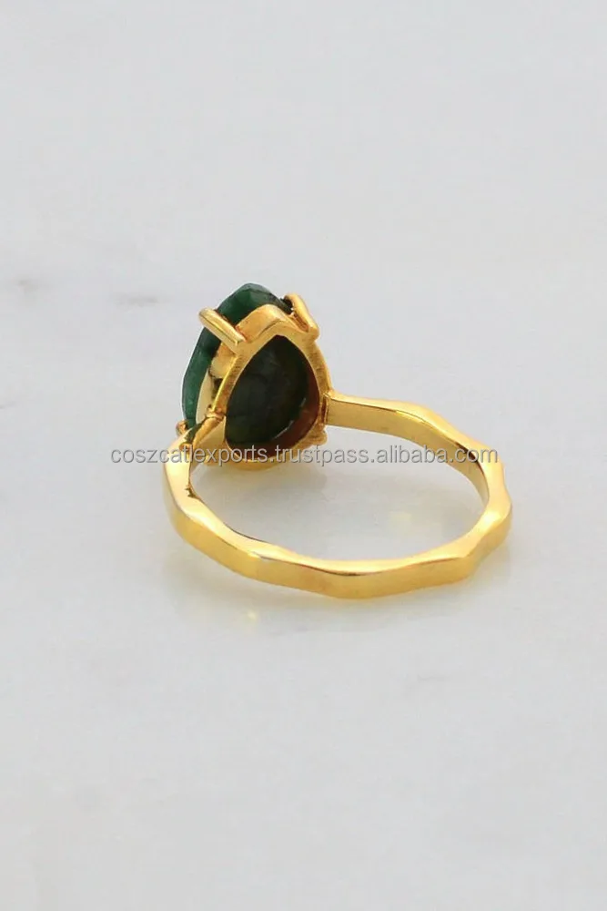 Birthstone May Stone Gold Plating Tear Drop Ring Prong Set Ring Green Emerald Gemstone Ring