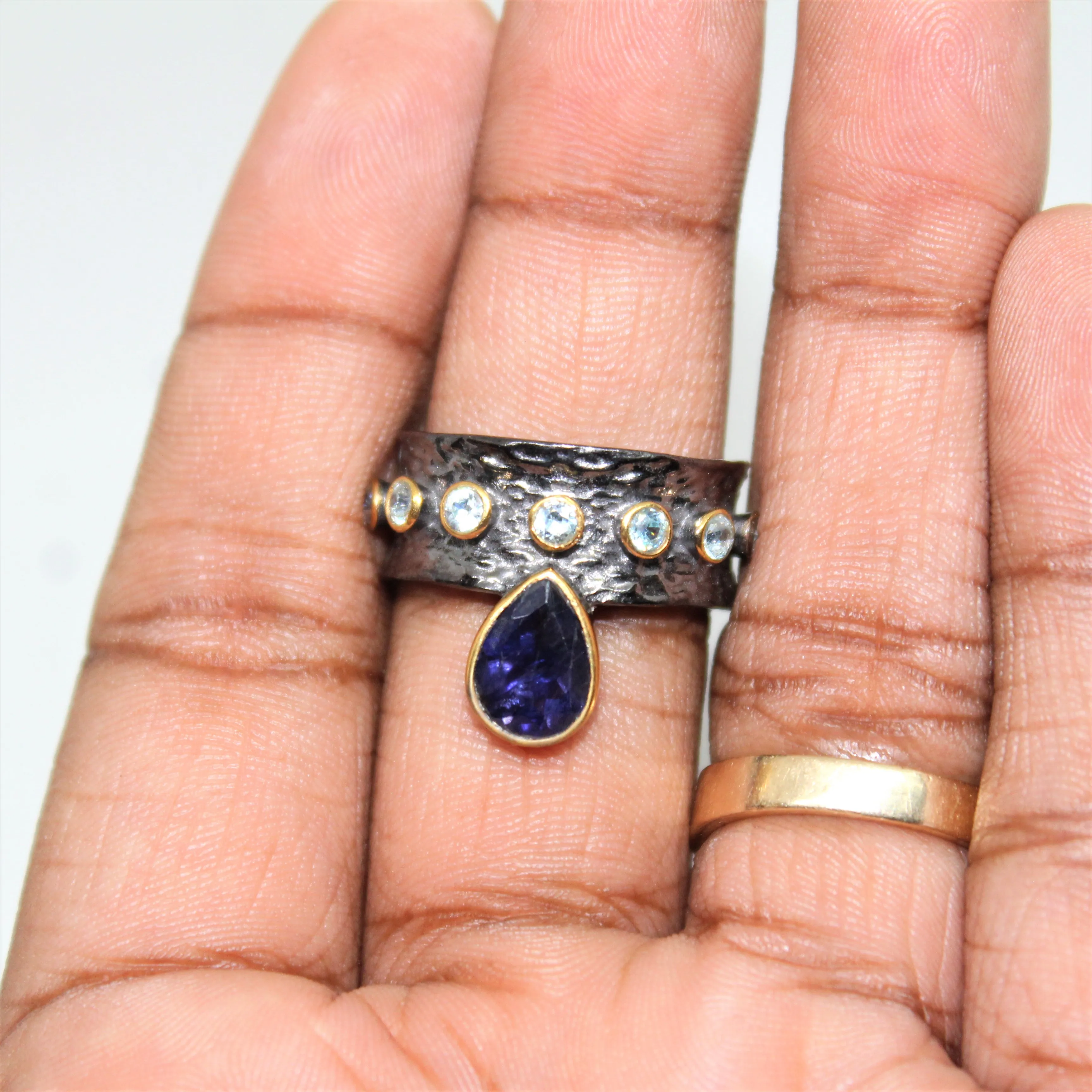 Designer Multi Stone Iolite and Blue Topaz Gold Plated 925 Sterling Silver Black Rhodium Ring