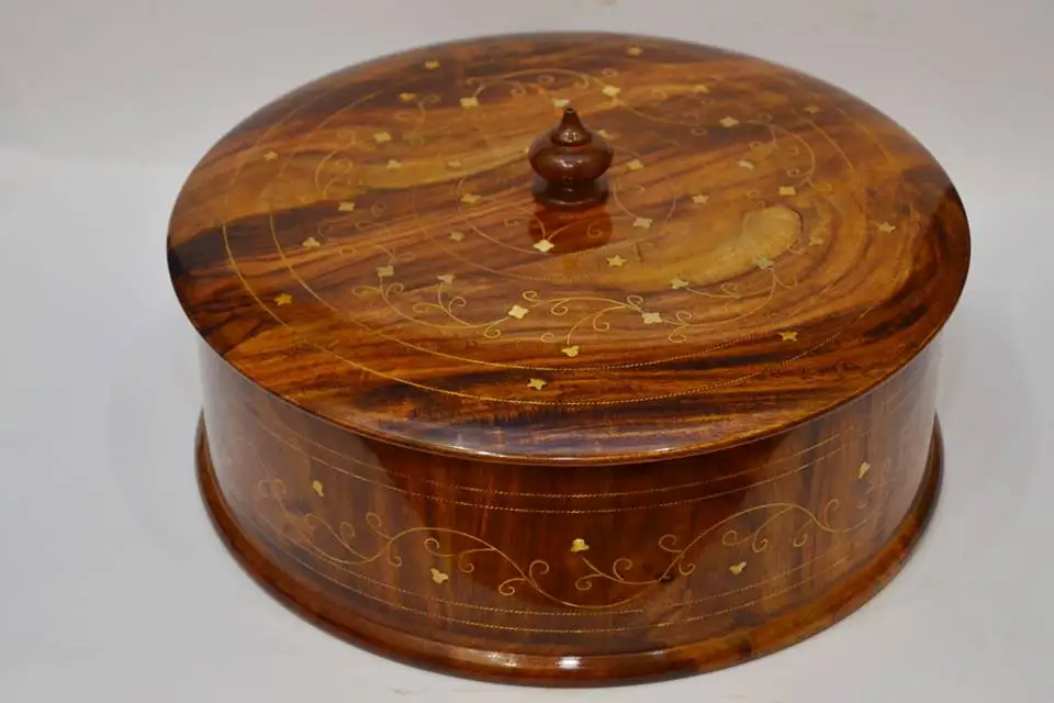 Wooden Round Shape Storage Box, Handmade Wooden Basket, Wood Bucket Carved Wooden Hotpot polish inlaid work Box