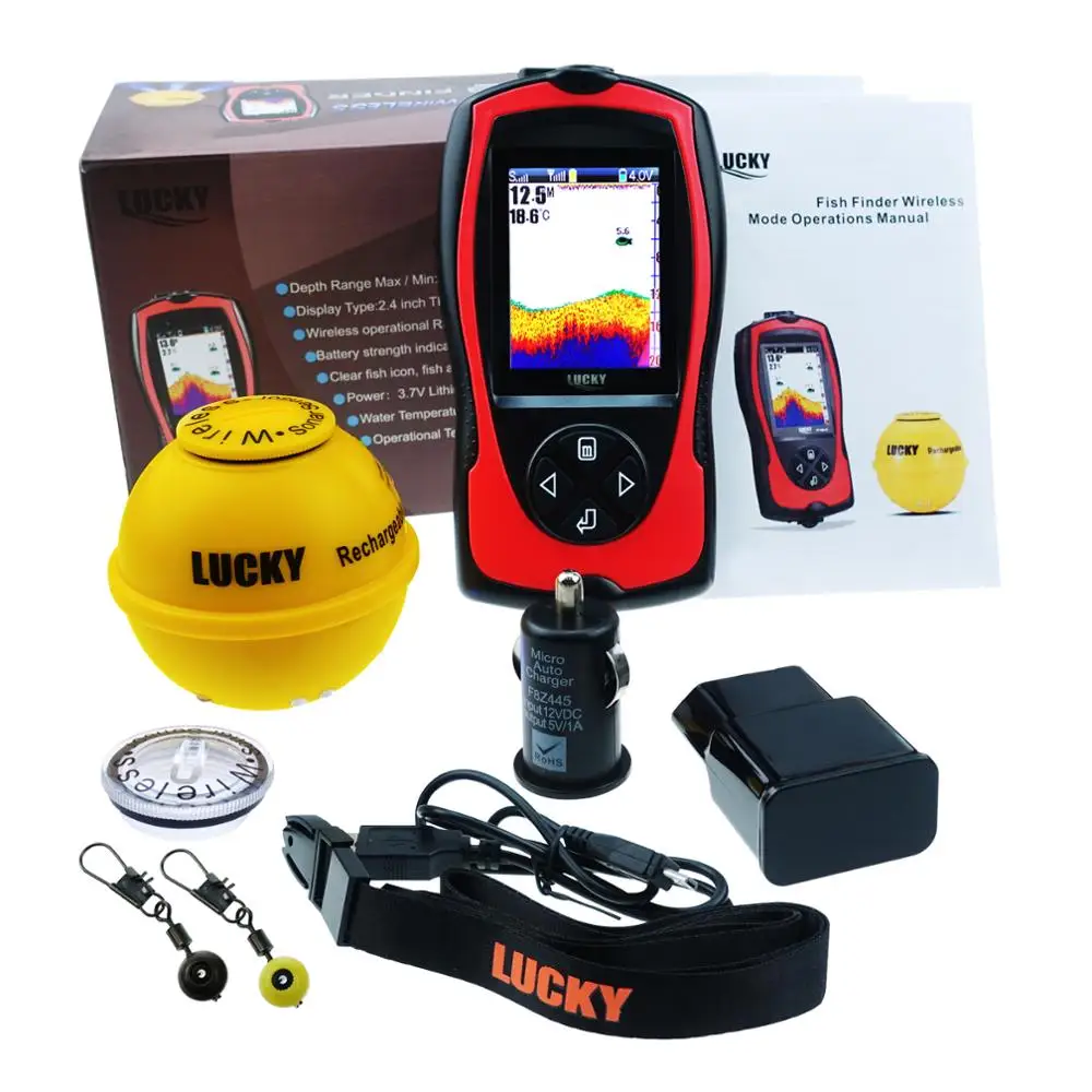
100M Sonar Sensor Boats Kayak Ice Night Fishing Lucky Wireless Fish Finder with Fish Attractive Light Lamp 45M Depth Colored LCD 
