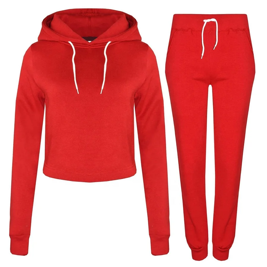New Fashion Womens Training Jogging Crop Hood Tops And Full Trouser With 2 Side Pockets Tops And Bottom