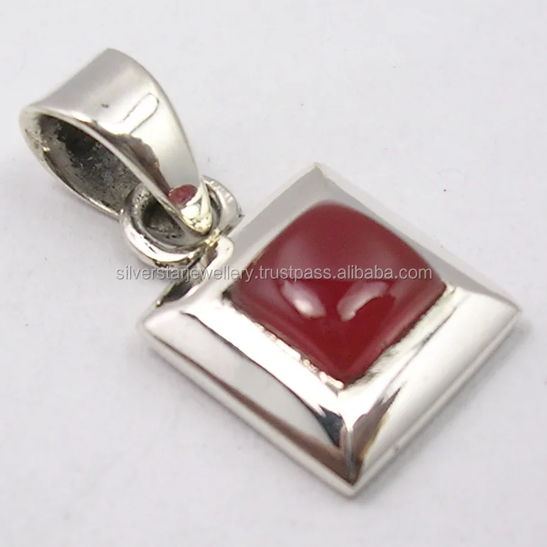 
925 Real sterling square shape red carnelian pendant new handmade indian jewelry 
