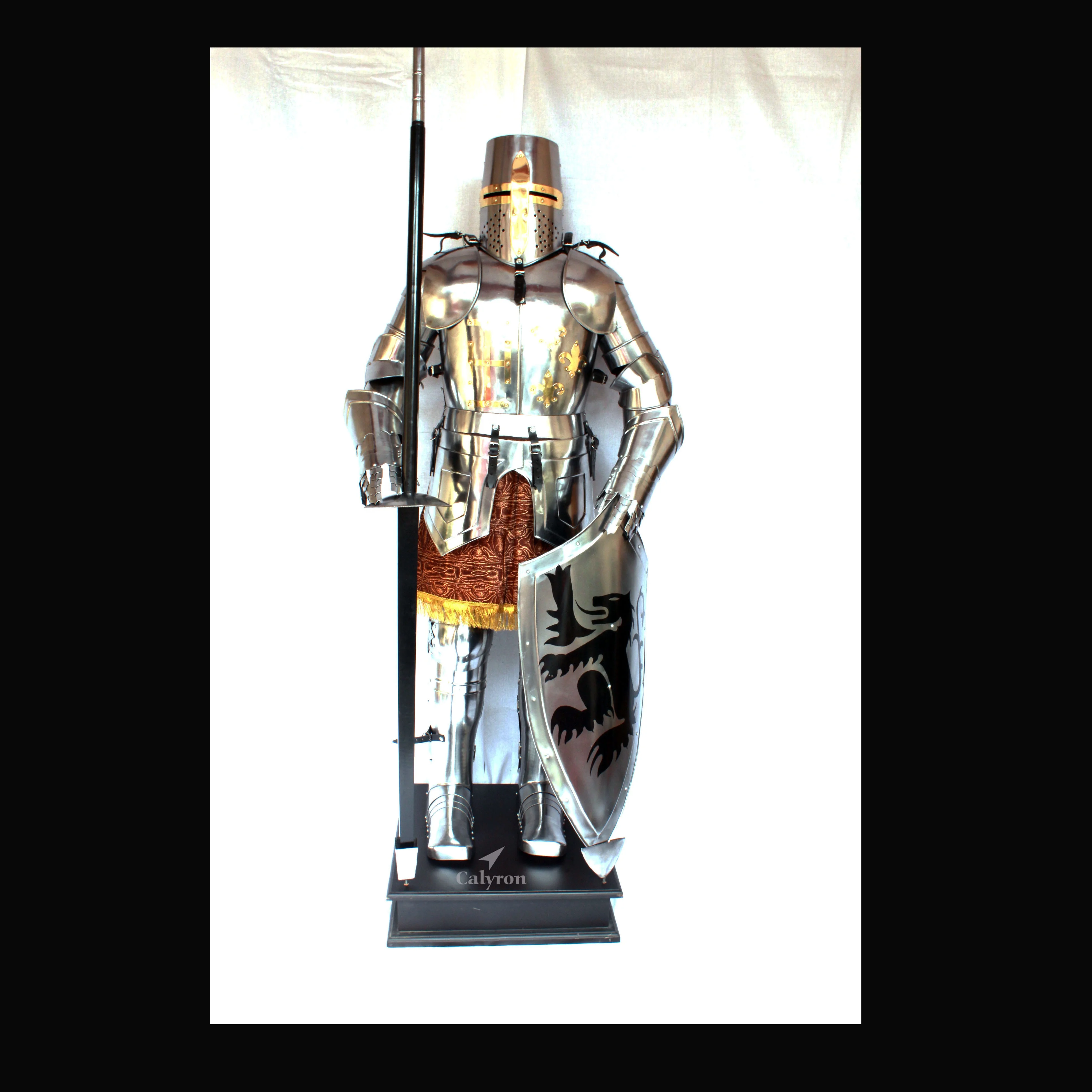 Metal Medieval Steel Armour Suit Sword Shield with Wooden Base Steel Frame