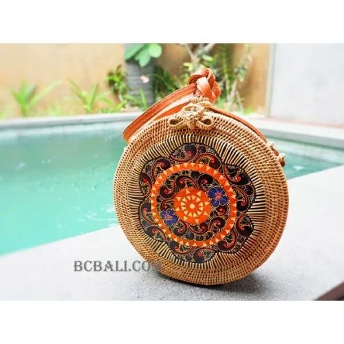 ORIGINAL PRODUCTS EXPORT QUALITY >> New Design Ethnic Straw Rattan Sling Bags Circle with Wooden Hand Carved Handmade Process