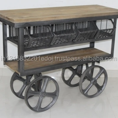 
industrial & Vintage Iron metal & solid wood kitchen cart trolley with drawers 