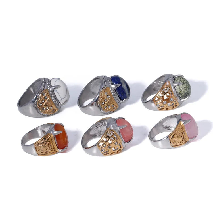 Women Fashion Stainless Steel Jewelry Retro Natural Stone Rose Quartz Agate Turquoise Lapis Lazuli Ring For Men
