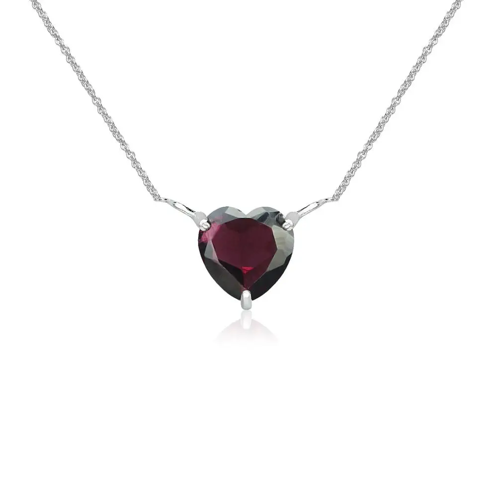 
925 Sterling Silver Garnet 7x7mm Heart Cut Solitaire Short Choker 13 inch Plus 3 Extender Necklace. 