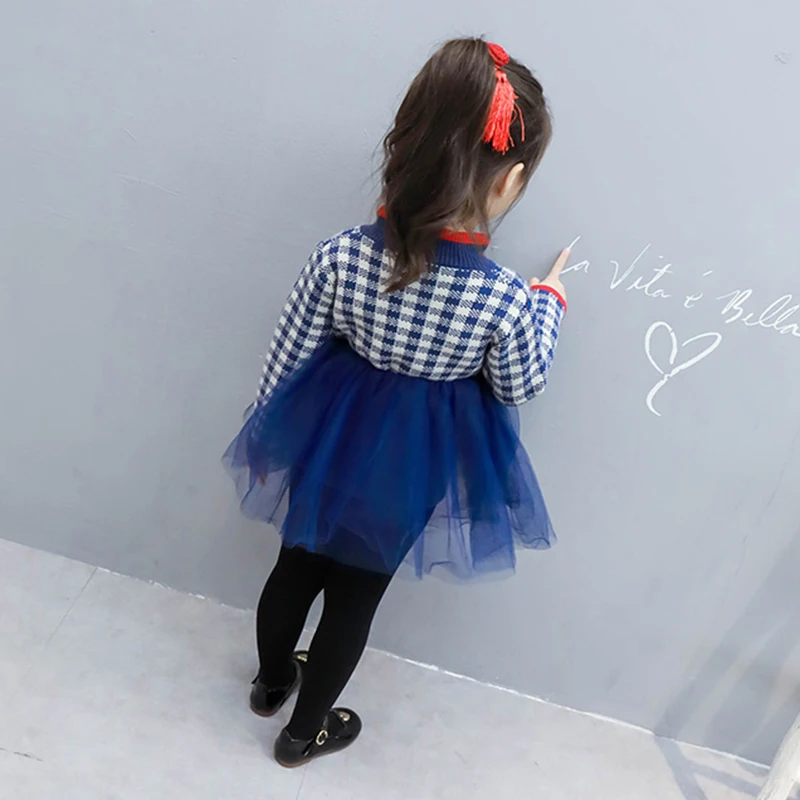 OEM new fashion style knitting lovely kids skirt plaid mandarin collar Chinese knot girl princess dress