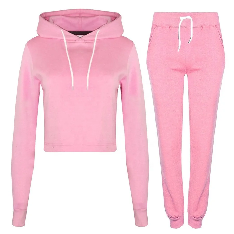 New Fashion Womens Training Jogging Crop Hood Tops And Full Trouser With 2 Side Pockets Tops And Bottom