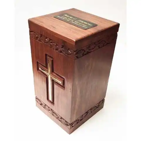 Engraved Cross  Antique Memorial Cheap  Wooden Casket Box for Adults Human Funeral  Ashes Cremation urns American/European Style