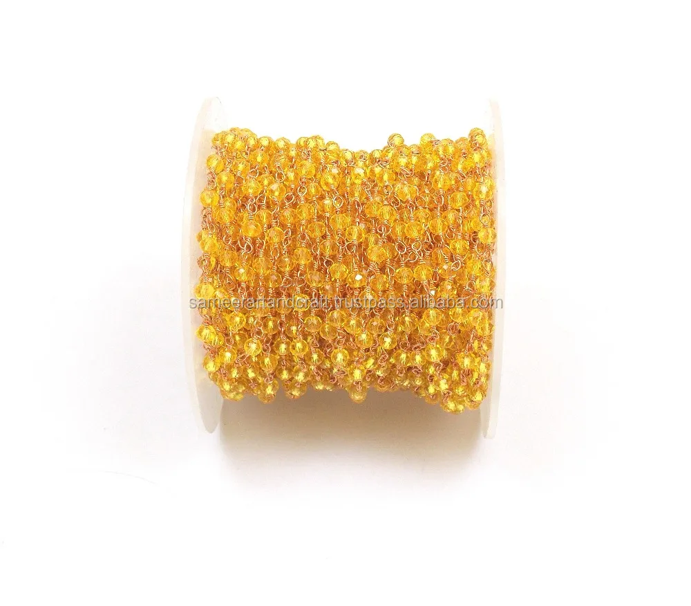 Gold Plated Jewelry Yellow Quartz Wire Wrapped Natural Multi Gemstone Jewelry  Beaded Rosary Coin Charm Chain