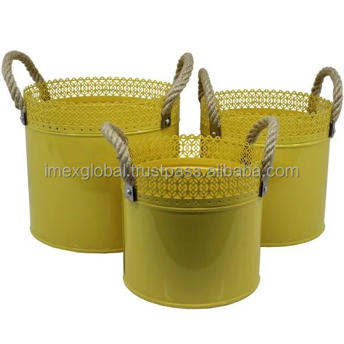 Iron planters buckets with great design and yellow powder coated color for luxury home decoration and gardening planters buckets