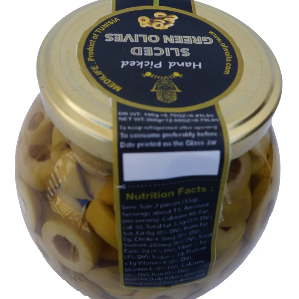 
 Высококачественные столовые оливки из Туниса 100%, зеленые нарезные оливки 370 мл, стеклянная банка  