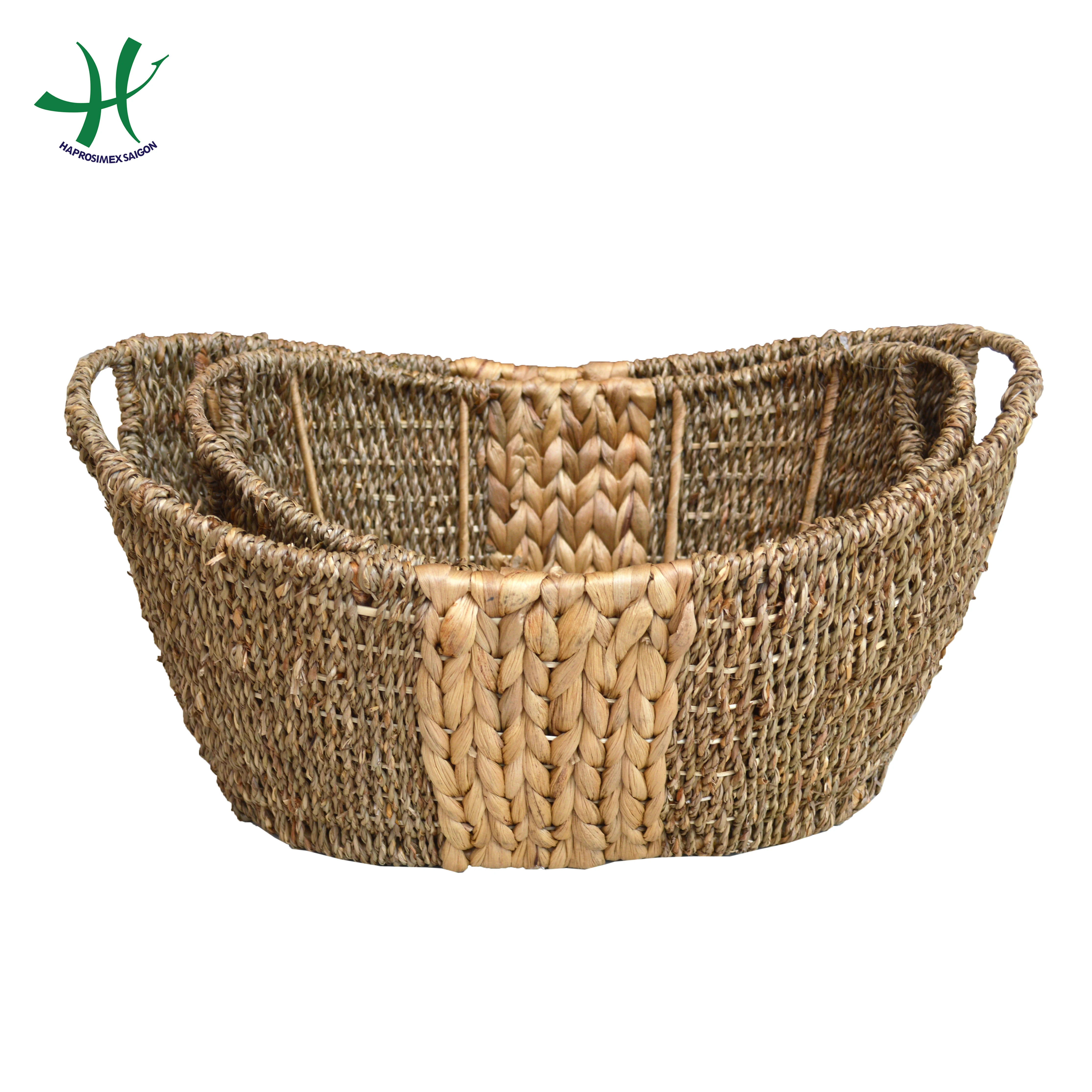 Hand woven natural seagrass basket, wicker storage basket, water hyacinth basket bin weaving basket