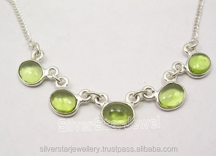 SilverStarJewel 925 Sterling Silver Cabochon Green Peridot 5 Stone Stylish Necklace 16.8 Inches Wholesale Long Chain Jewelry