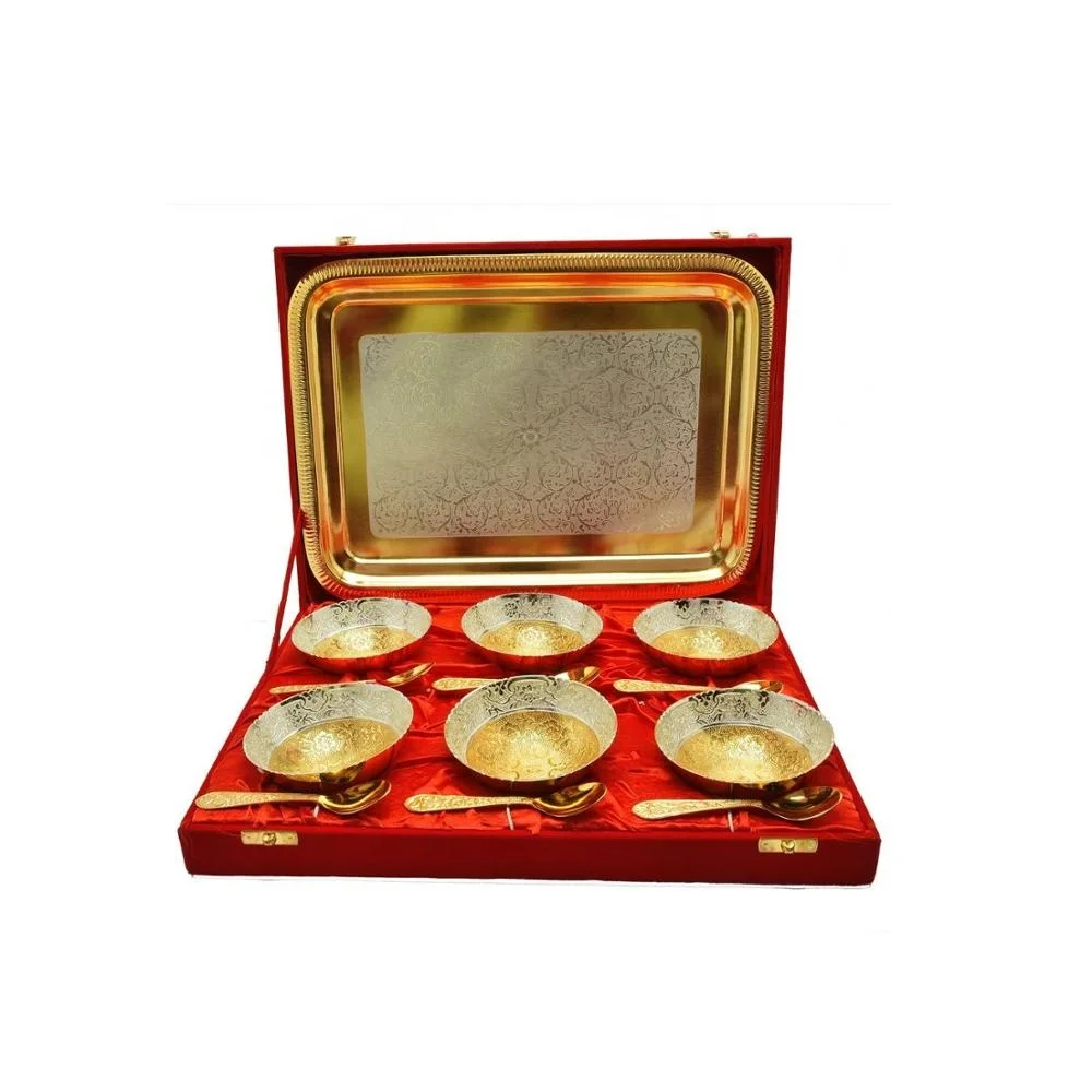 Royal Wedding Gift Plated Brass Bowl & Tray Set of 13 Pcs It will look great around your home as well as making beautiful centre