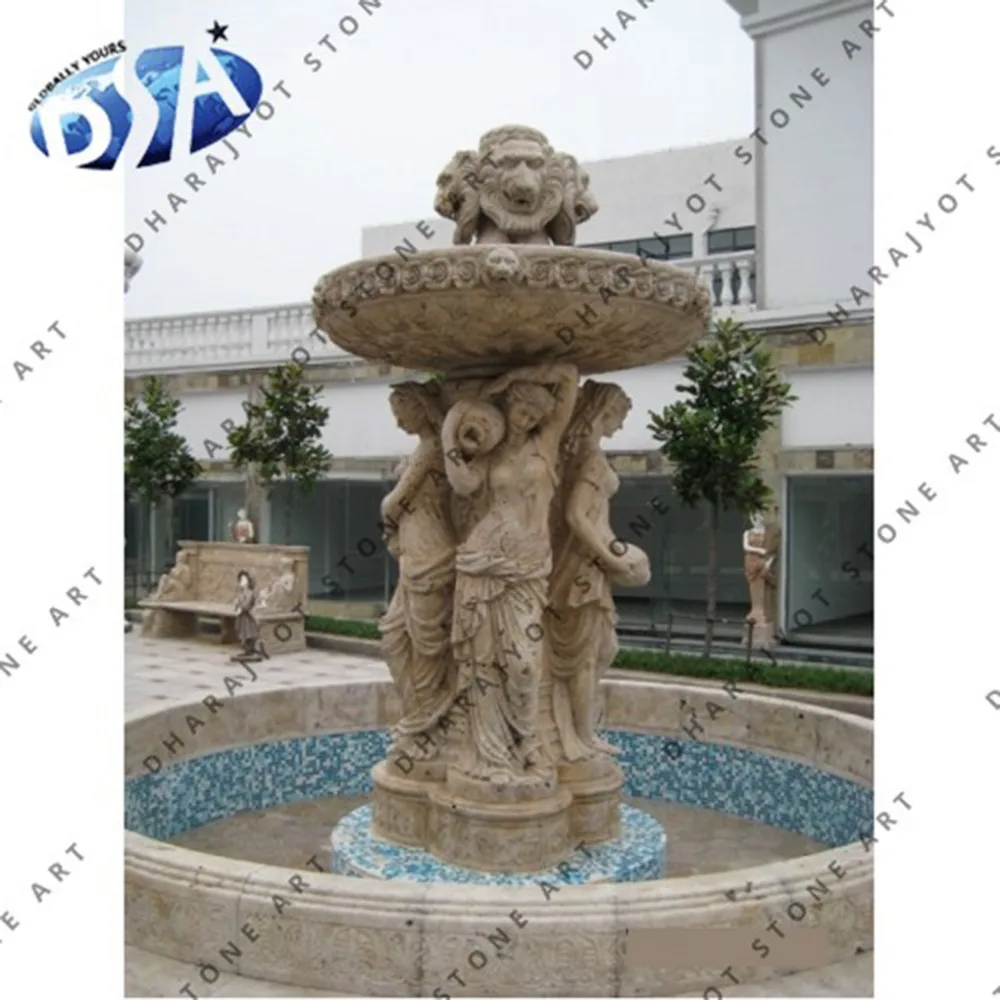 Pink Sandstone Outdoor Woman And Lion Head Statue Fountain