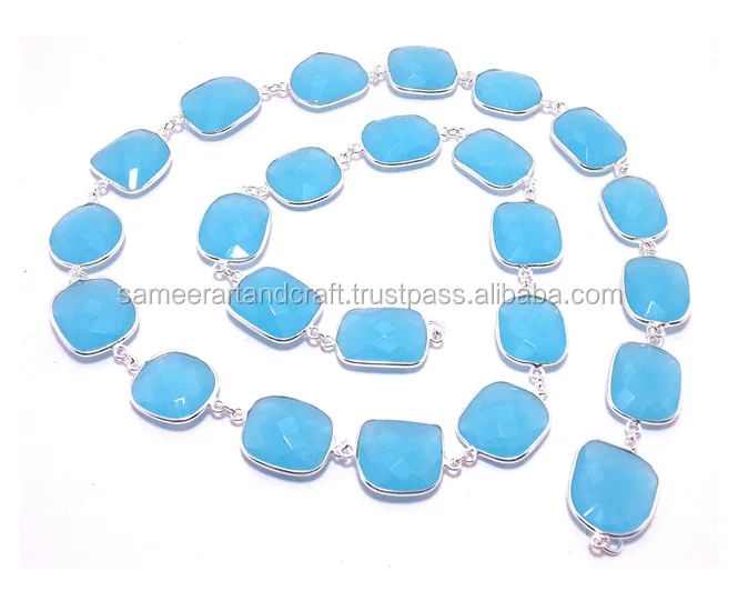 Beautiful Sky Blue 925 Sterling Silver bezel Gemstone Connector Chain