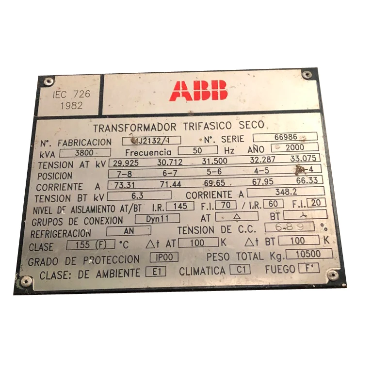Используется 3 фазный трансформатор сухого типа 3800 кВА/30000 V до 6300 V / 50 Hz