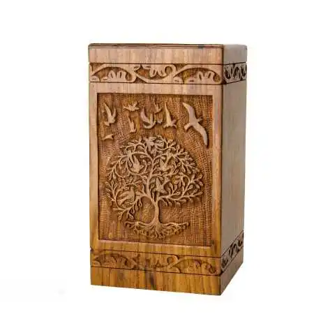 Cross Engraved Antique Memorial Cheap Wooden Casket Box for Adults Human Funeral Ashes Cremation urns American/European Style