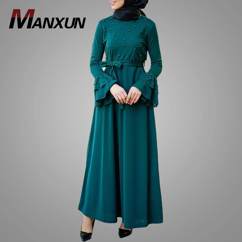 Turkish Style Muslim Long Dress With Dye Pearls Full Length Bell Sleeves Islamic Abaya