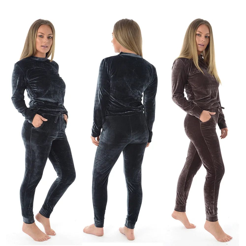 Latest Women 2 Pieces Set Plain Navy Crushed Velvet Lounge Tracksuit/High quality women suit