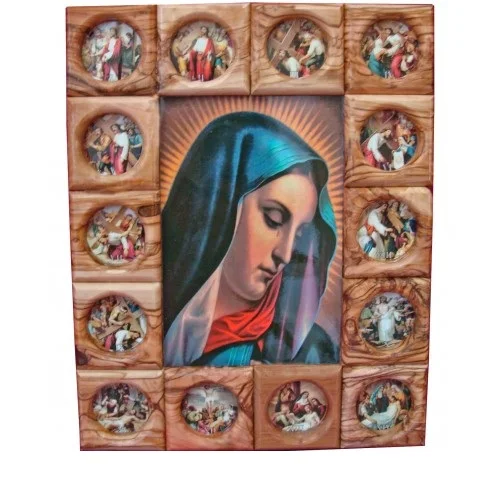 olive wood wall plaque fourteen station of the cross-virgin Mary