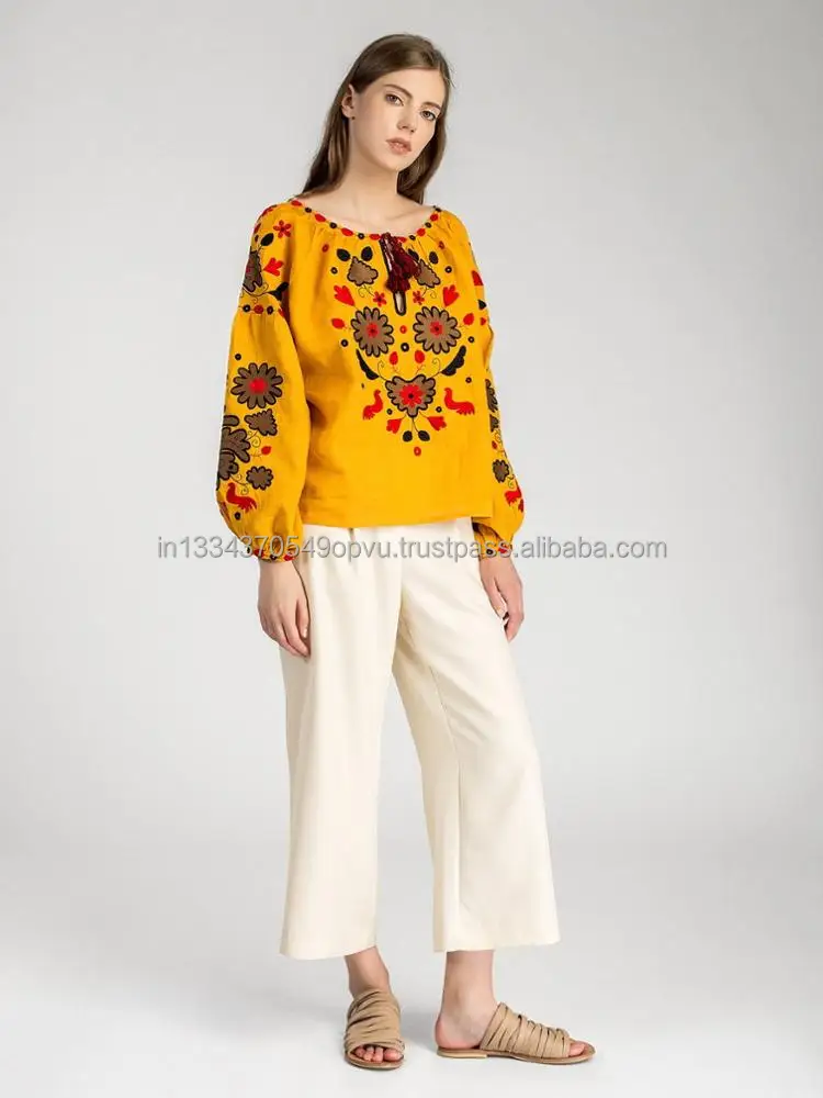 Superb Vintage Ukrainian Linen Tassel Tie Neck Women Blouse Bright Golden Yellow Ethnic Motives Colorful Embroidered Shirt Top
