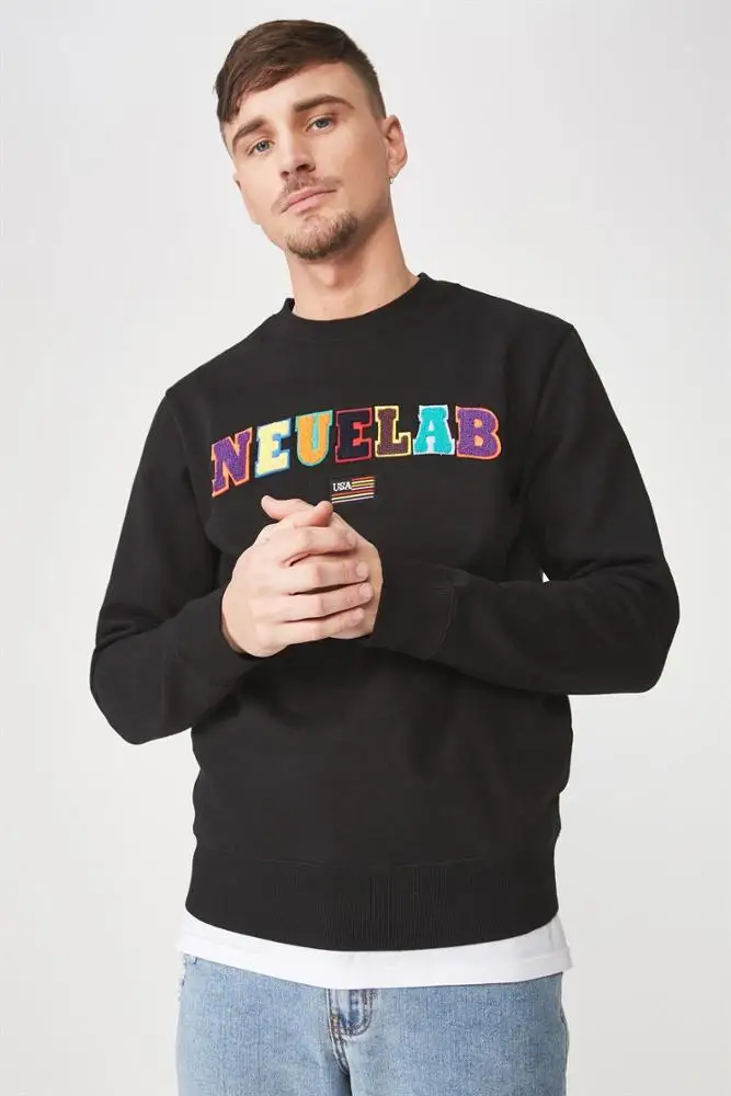 Cotton Fleece Sweatshirts Without Hood Custom Patched Fitted Pullover Colorful Chenille Patch Sweatshirt