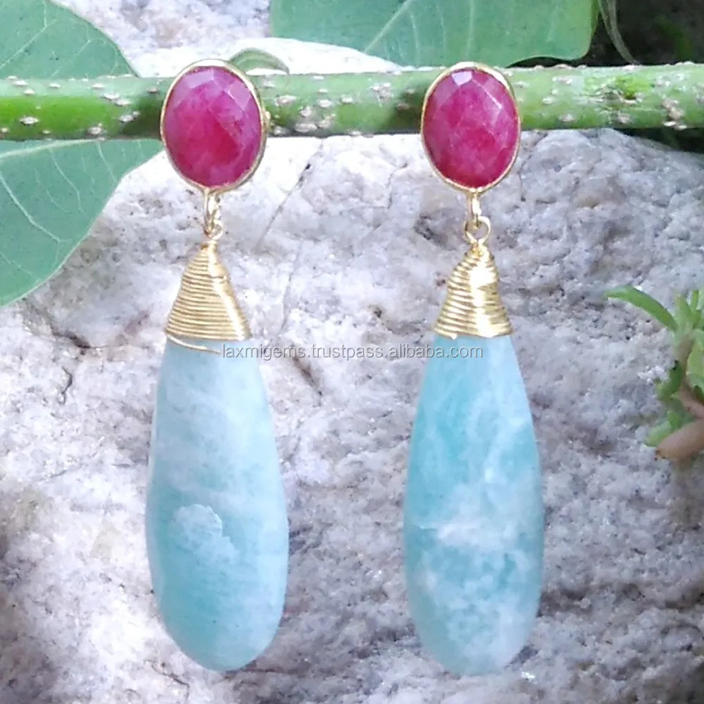 Ruby and Pear Shape in Amazonite gemstone 925 silver earrings for women