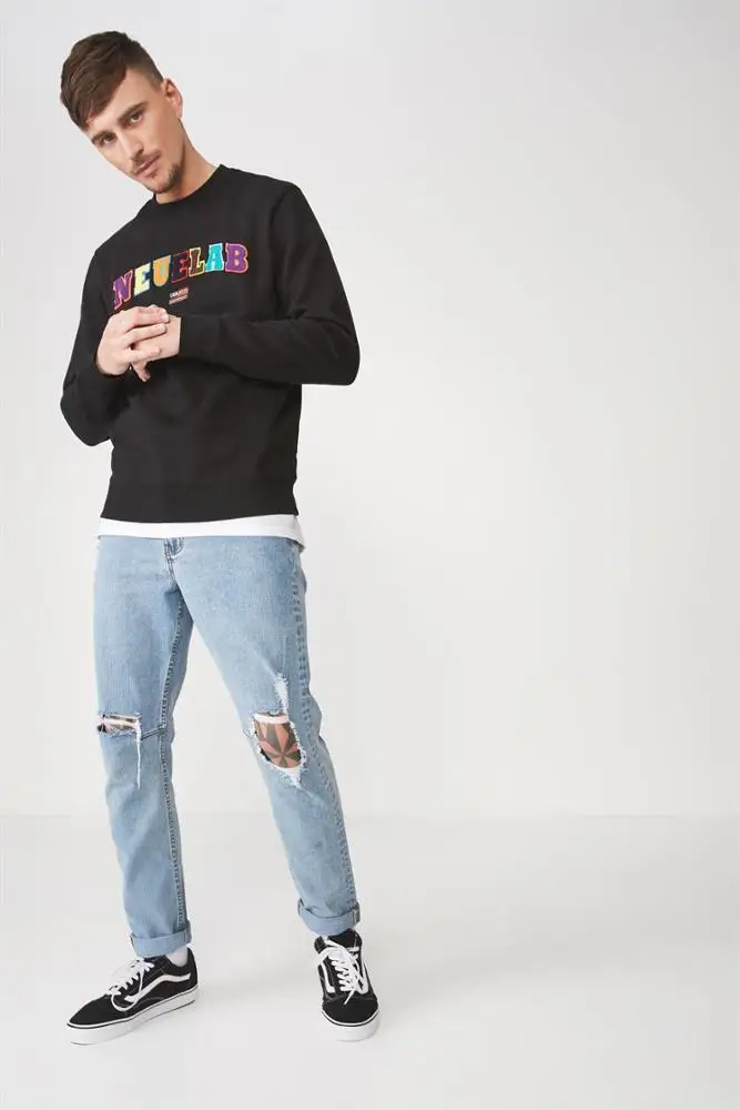 Cotton Fleece Sweatshirts Without Hood Custom Patched Fitted Pullover Colorful Chenille Patch Sweatshirt