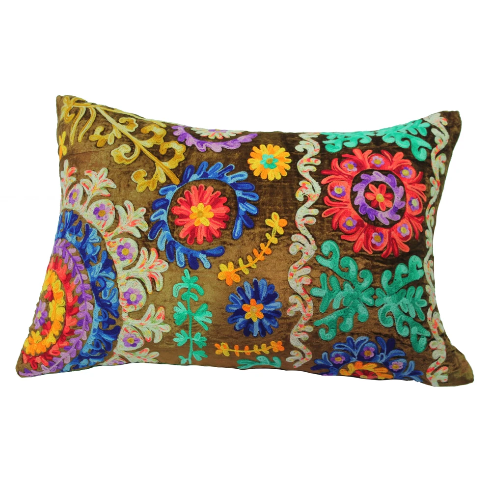 2023 Designer Indian Suzani Embroidered Velvet Lumbar Pillow Cover 16X24 Inch New Summer Collection Cotton Home Use Wholesale
