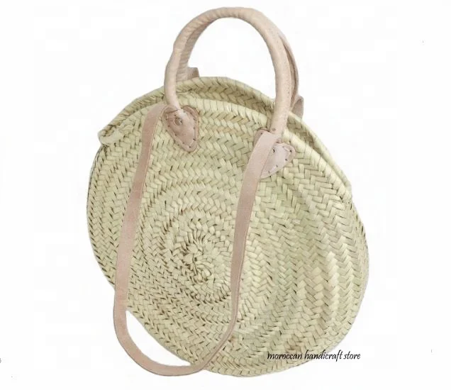 Rond Moroccan Straw & Leather Shopping basket with doble handles Moroccan