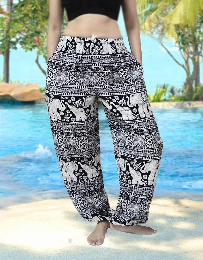 oriental fisherman RETRO INDIE HIPPIE BOHO yoga relax POLKA DOT thai art elephant print DRAWSTRING RAYON Harem PANTS
