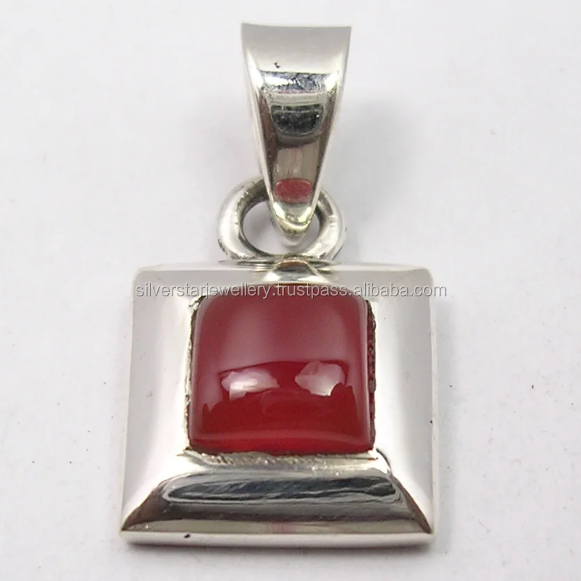 
925 Real sterling square shape red carnelian pendant new handmade indian jewelry 